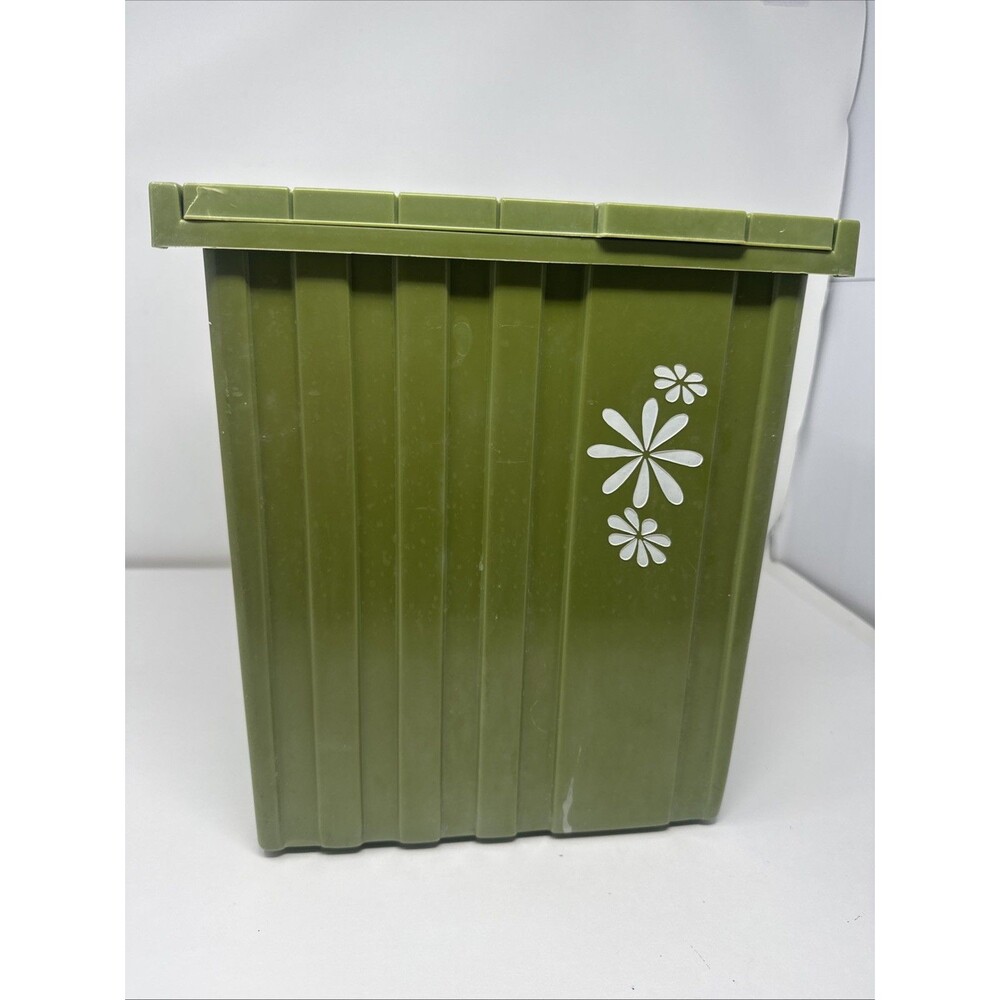 Vintage Fesco Y-123 Retro Avocado Green White Daisy Plastic Trash Can Lift Lid